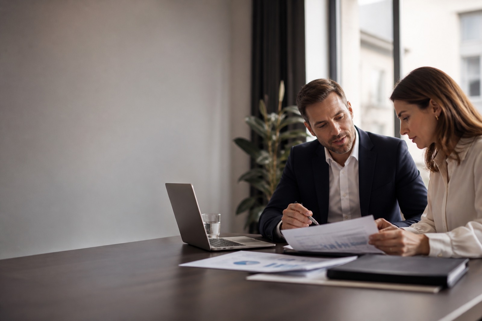 Finance adviser and buyer reviewing acquisition funding documents