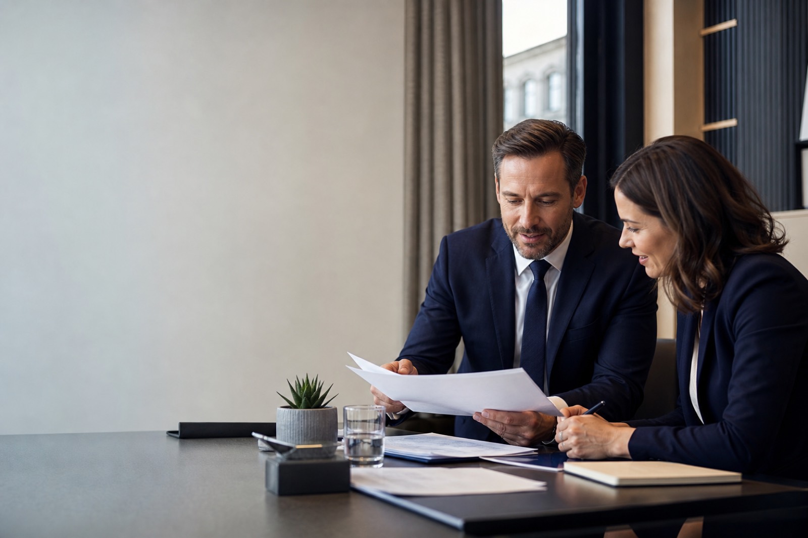 Business brokers reviewing mandates in a professional office