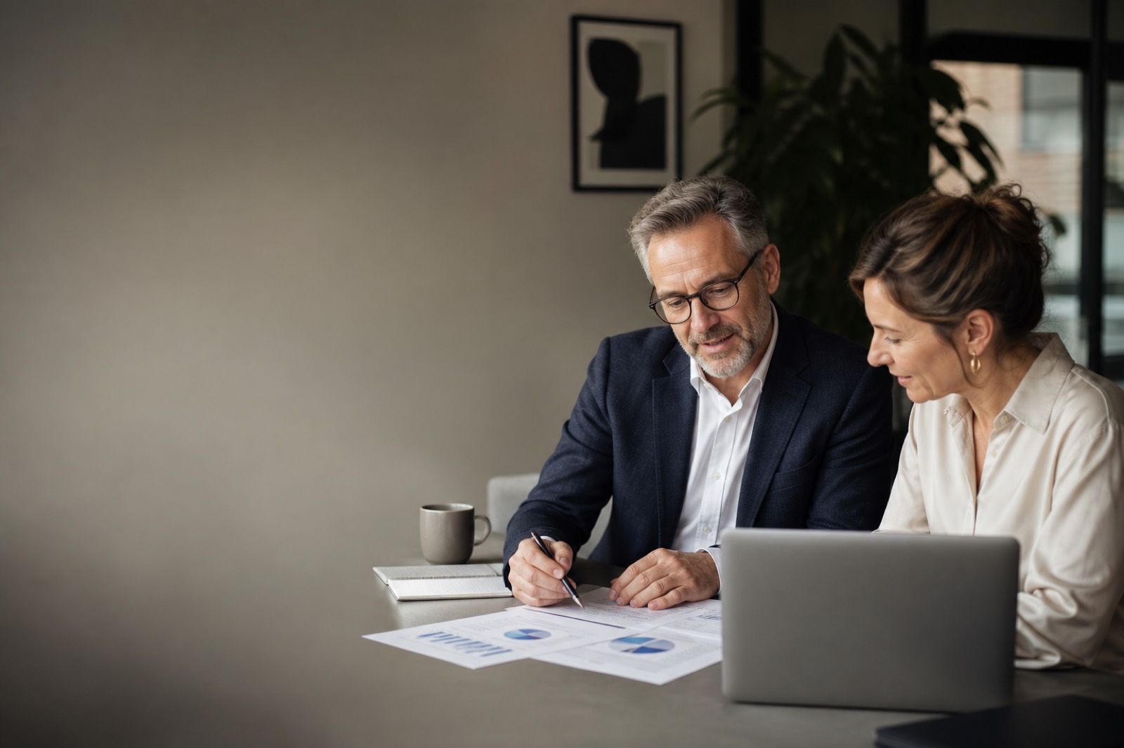 Business adviser and owner reviewing financial reports