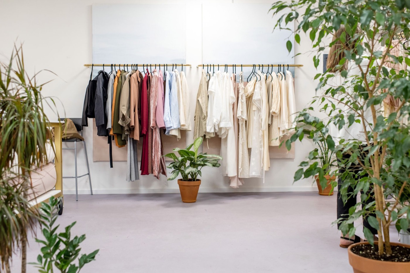 Clothing rails and greenery inside a bright independent boutique